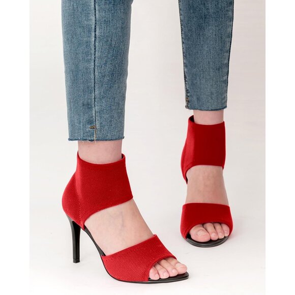 Red 3 Inches Peep Toe Synthetic Stiletto Stretchy Heeled Sandals for Women - Picture 4 of 10